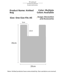 Detailed size chart for the minimalist knit tote bag showing height and width dimensions