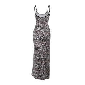 Detail view of leopard print maxi dress showing the thin straps and elegant slim fit fabric