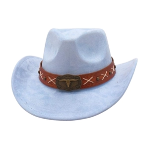 Detail eines hellblauen Western-Cowboyhuts mit braunem Lederband und metallischer Bullenkopf-Schnalle