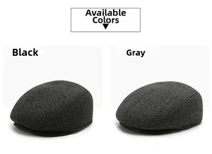 Flat lay of men's winter ivy caps in black and grey, showing thick wool blend fabric texture
