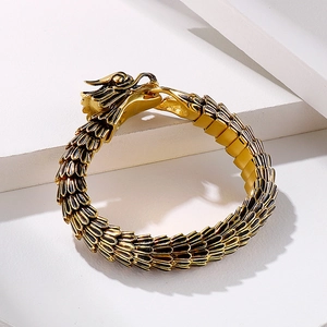 Mens vintage golden dragon scale bracelet with intricate dragon head clasp closure