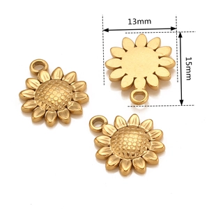 Three golden stainless steel sunflower pendants with size markings in 13mm and 15mm