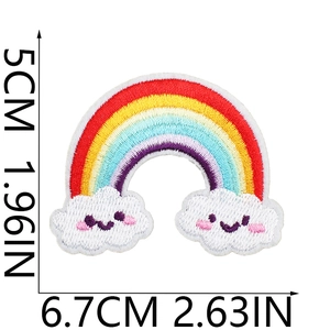 Rainbow and smiling cloud embroidered patch measuring 5cm by 6.7cm for DIY decoration