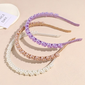 Elegant pearl headband set in purple, champagne, and white silk-wrapped floral design
