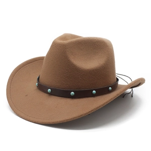 Western Cowboy Hat Wool Felt Wide Brim Ethnic Style Fedora With Leather Band Turquoise Rivets Retro Outback Sun Hat