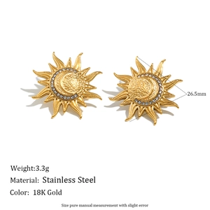 Minimalist 18K gold plated stainless steel sun and moon earrings with white crystals