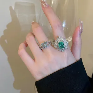 Elegant double-layer open rings with heart zircon and emerald-cut green stone