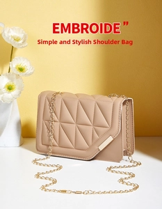 Detailed view of the beige crossbody bag featuring geometric stitching and gold chain strap