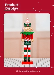 Detail of a 38cm wooden Christmas nutcracker elf holding a candy cane with stripes
