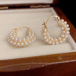 Elegant Multi Row Artificial Pearl Hoop Earrings Pave Imitation Artificial Pearl Alloy Gold Plated Jewelry With Copper Earring Post For Women