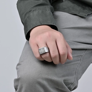 Mens vintage stainless steel rectangle signet ring with distressed silver finish
