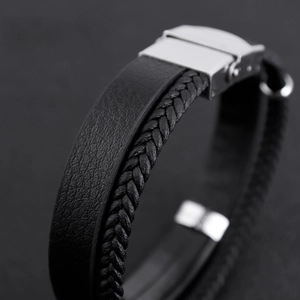 Hip hop punk double-layer braided black leather bracelet with polished steel clasp