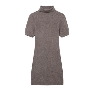 Women High Neck Knitted Mini Dress Short Puff Sleeve Bodycon Solid Color Chic Elastic Polyester Elegant Slim Fit