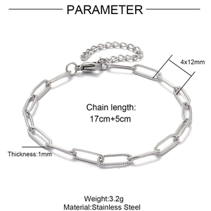 Stainless steel paperclip chain bracelet with dimensions and technical specifications