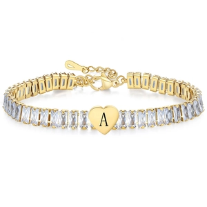 Stainless Steel Heart Alphabet Pendant Tennis Bracelet For Women Gold Plated Rectangle Rhinestone Inlaid Adjustable Jewelry