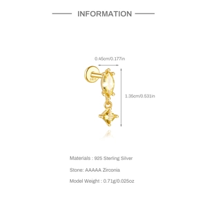 Detailed view of gold S925 sterling silver drop earring with marquise cut yellow zirconias
