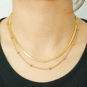 Double layered 18K gold plated stainless steel snake and bead chain necklace
