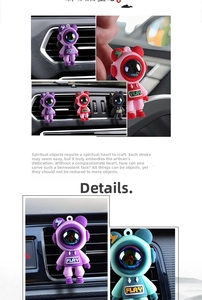 Detail of cartoon astronaut car air vent clips in multiple colors with PLAY logo