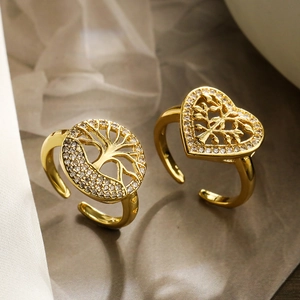 Tree Of Life Open Ring Copper Zircon Inlaid Adjustable Geometric Heart Round Gold Plated Fashion Jewelry Women