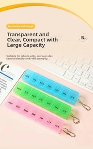 Detail of 7-day pill box with weekday labels and metal keychains in pastel colors