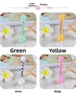 Detailed view of creative giraffe gel pens in green, yellow, white and pink colors