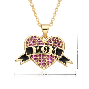 Macro view of gold heart MOM pendant with pink crystals showing 25mm by 16mm size