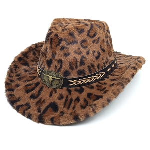 Leopard Print Faux Fur Western Cowboy Hat With Vintage Metal Bull Skull Buckle Wide Brim Warm Winter Plush Headwear