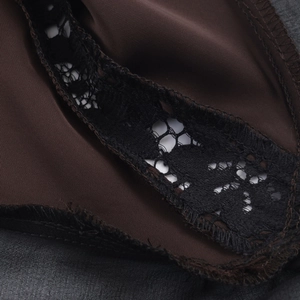 Deep brown satin maxi dress with black lace trim and sexy side slit boudoir style