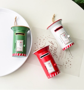 Three-piece set of festive metal mailbox ornaments with lanyards for Christmas decor