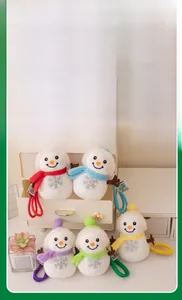 Detail of cute plush snowman keychains in five colors with intricate snowflake embroidery