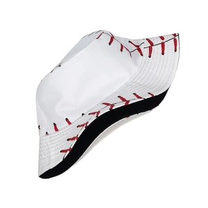 Detail of white cotton canvas bucket hat featuring red baseball stitching and black lining