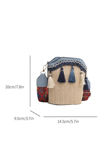 Detailed dimension guide for woven bucket bag with tassel accents and colorful strap