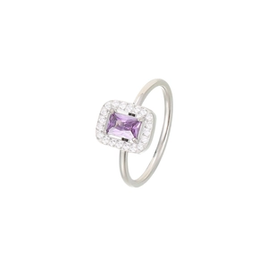 Elegant rectangle purple zircon ring with white halo stones in silver-tone band