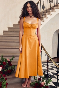 Detail of orange French vintage midi dress with pleated bust and drawstring waist