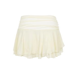 Detail of layered ruffle mini skirt in cream chiffon with pleated waistband texture