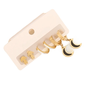 Three-piece stainless steel earring set with gold moon charms and sparkling stud earrings