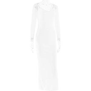 Detailed back view of a slim fit white long sleeve backless maxi dress on a mannequin