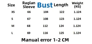 Detailed size guide table for long wool coat with sleeve, chest, and length measurements