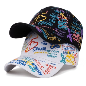 Hip hop baseball caps featuring colorful street graffiti patterns in black and white