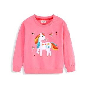 Pink cotton girls long sleeve sweatshirt with colorful unicorn and insect embroidery