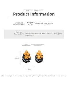 Detailed size specifications for vintage black resin and gold flower oval drop earrings