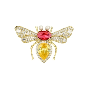 Exquisite golden bee brooch with red and yellow gemstones on a clean white background