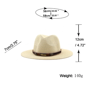 Chapeau de paille beige style cowboy avec ruban perlé et plume, détails de dimensions