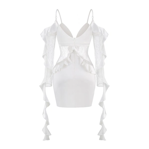 Detail of white satin dress with sheer lace inserts and ruffled off-shoulder sleeves