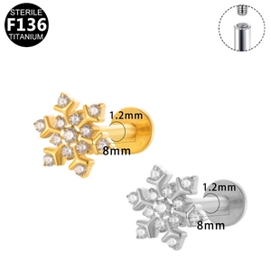 G23 titanium snowflake labret stud with zircon inlay and internal threading details