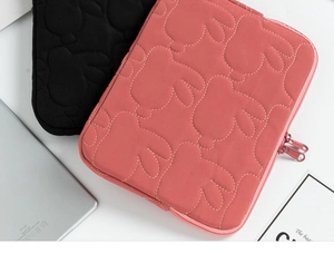 Quilted rabbit pattern iPad sleeve with dual zippers in pink and black fabric