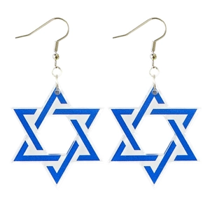 Hanukkah star of David earrings with blue and clear acrylic pendants on white background