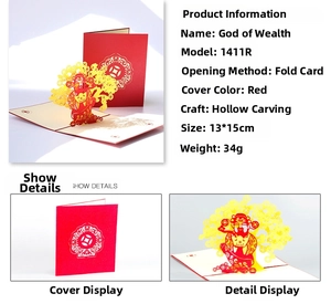 Macro detail of 3D pop-up God of Wealth greeting card with intricate hollow carving
