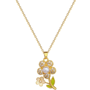 Elegant gold titanium steel necklace set with sparkling crystals and enamel flowers