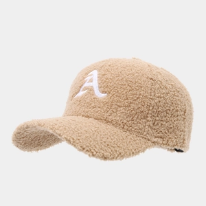 Thick plush baseball cap with letter A embroidery in beige, autumn winter accessory